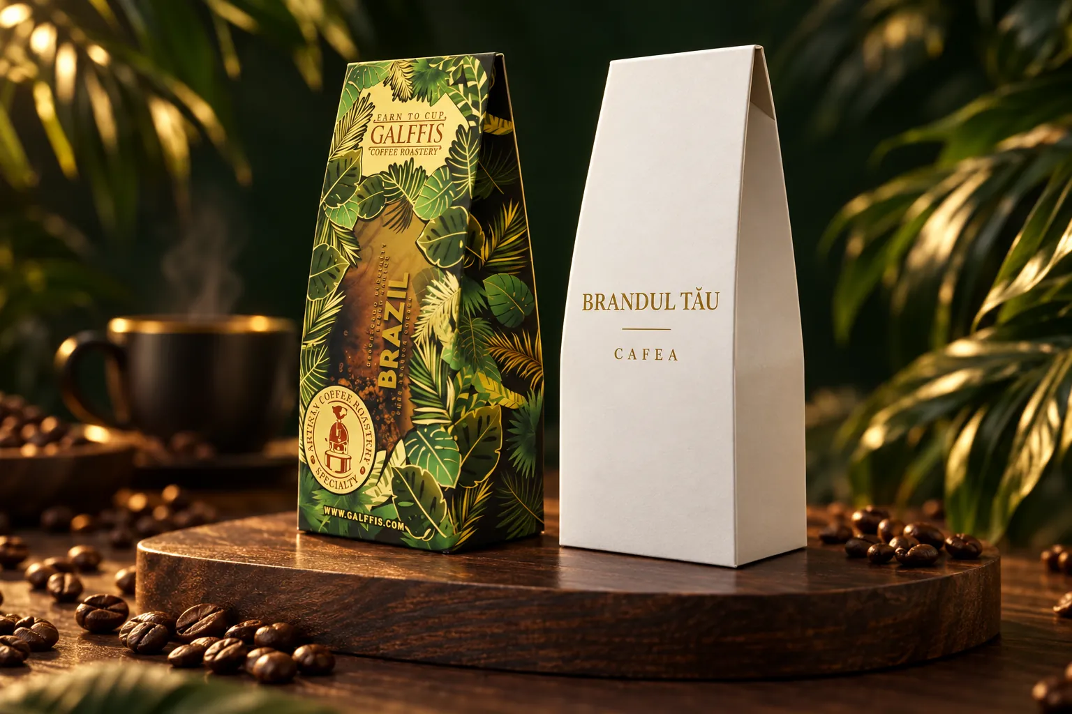 Concept de cafea private label: ambalaj GALFFIS verde și aceeași formă în alb cu brandul tău