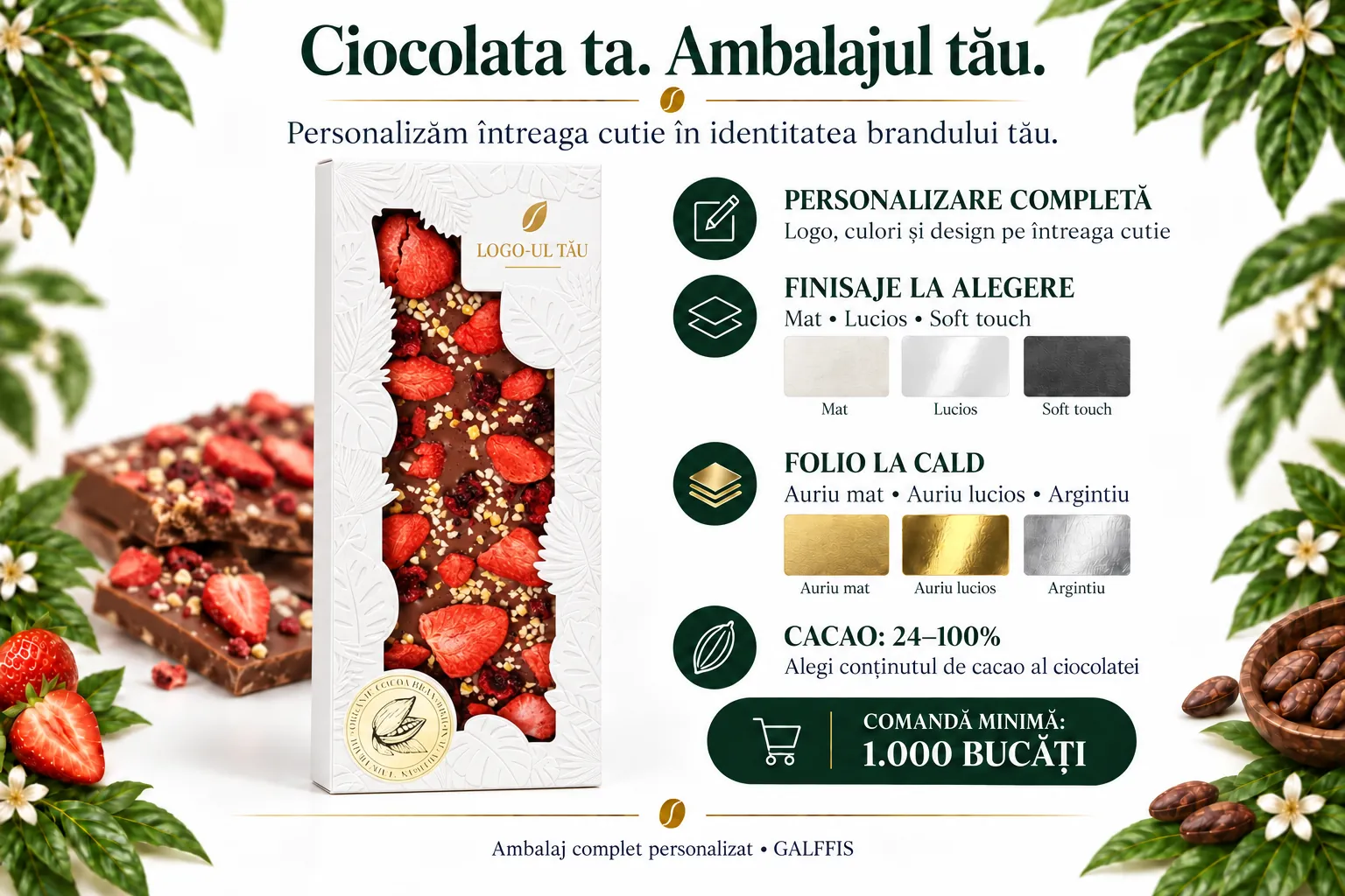 Ofertă ilustrată: cutie albă personalizabilă, ciocolată cu fructe și opțiuni de finisare